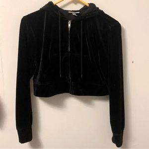 Colsie Black Cropped Velvet Zip Up Hoodie, Size M
